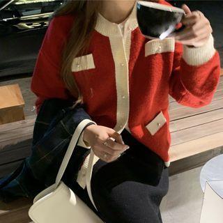 Color Panel Cardigan Red - One Size