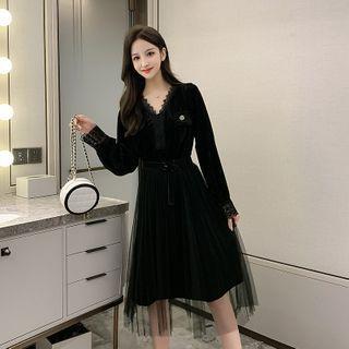 V-neck Mesh Panel Midi A-line Dress