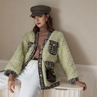 Tweed Paneled Furry Jacket