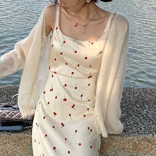 Spaghetti Strap Cherry Print Midi A-line Dress / Cardigan / Set