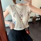 Flower Embroidered Slim-fit Knit Top Almond - One Size