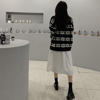 Flower-print Loose-fit Sweater / High-waist Midi Skirt