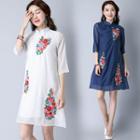 Elbow-sleeve Embroidered Qipao Mini Dress