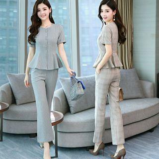 Set: Short-sleeve Plaid Blouse + Dress Pants