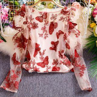 Butterfly Embroidered Long-sleeve Mesh Top