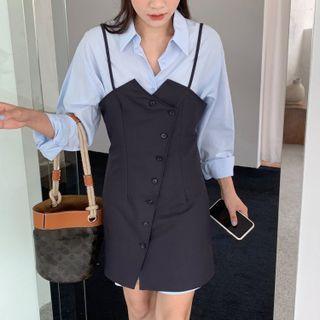 Elbow-sleeve Shirt / Suspender A-line Dress