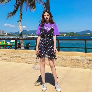 Polka Dot Panel Short-sleeve Mock Two-piece Dress