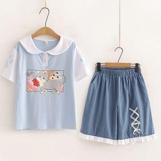 Cat Print Short-sleeve T-shirt / Ruffled High-waist Shorts / Set