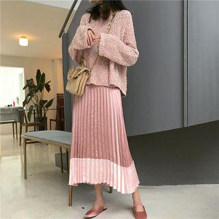 Long-sleeve Open Knit Top / Pleated Midi Skirt