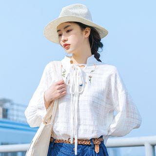 Flower Embroidered Tie Neck Long Sleeve Blouse