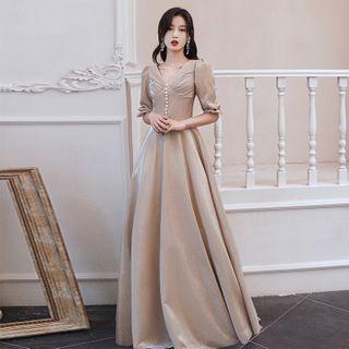 Puff Sleeve V-neck Glittered A-line Evening Gown