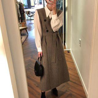 Plain Shirt / Double-breasted Plaid Midi Pinafore Dress