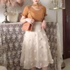 Set: Short-sleeve Tie-neck Knit Top + Flower A-line Skirt