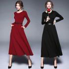 Long-sleeve A-line Midi Dress With Belt