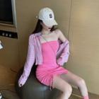 Long-sleeve Plaid Shirt / Drawstring Plain Tube Dress