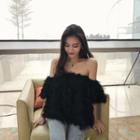 Elbow-sleeve Off Shoulder Feathered Chiffon Top Black - One Size