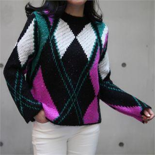 Round-neck Color-block Patterned Sweater One Size