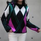 Round-neck Color-block Patterned Sweater One Size