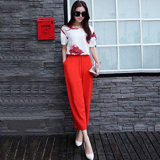 Set: Short-sleeve Printed Top + Wide-leg Cropped Pants