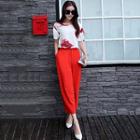 Set: Short-sleeve Printed Top + Wide-leg Cropped Pants