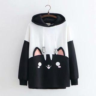 Cat Patch Fleece-lined Hoodie As Shown In Figure - One Size