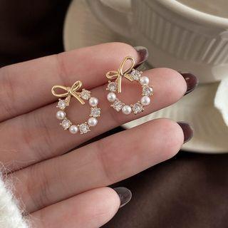 Bow Alloy Rhinestone Faux Pearl Dangle Earring