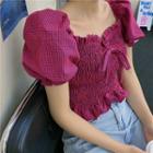 Check Square-neck Short-sleeve Top Wine Red - One Size