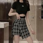Short-sleeve Lettering Cropped T-shirt / Plaid Mini A-line Skort