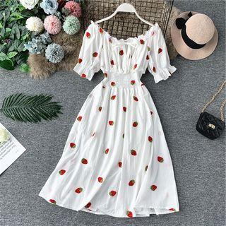 Strawberry Embroidered Off-shoulder Dress