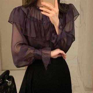 Ruffle Trim Blouse Purple - One Size