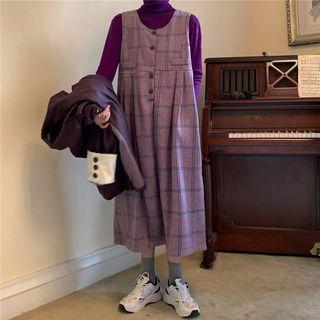 Plain Blazer / Sleeveless Plaid Dress / Mock Neck Plain Top