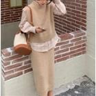 Long-sleeve Plaid Shirt / Plain Knit Vest + Midi Skirt