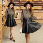 Set: Tie-neck Striped Shirt + Faux Leather Suspender Skirt