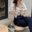 Puff-sleeve Blouse / High Waist Straight Leg Pants
