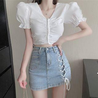 Puff-sleeve Zip Crop Top