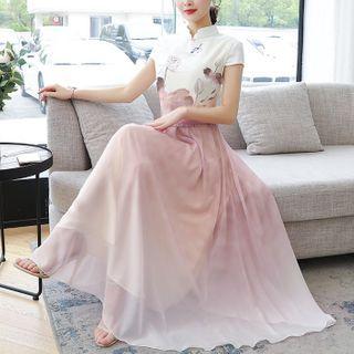 Mandarin Collar Short-sleeve Midi A-line Mesh Dress