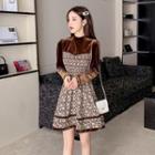 Mock Two-piece Long-sleeve Floral Print Velvet A-line Dress