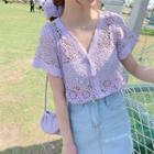 Short-sleeve Eyelet Lace Button-up Top