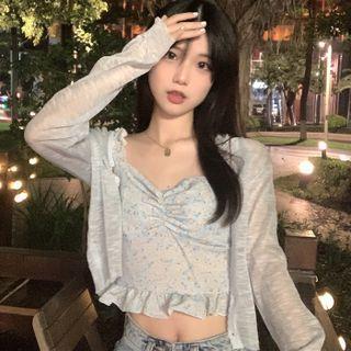 Lace Trim Light Jacket / Flower Print Cropped Camisole Top