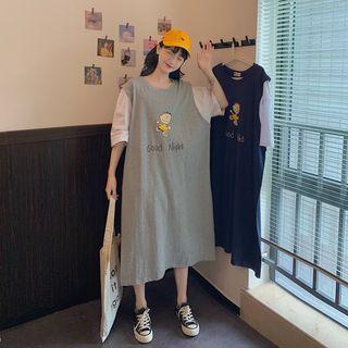 Mock Two-piece Short-sleeve Cartoon Print Midi T-shirt Dress