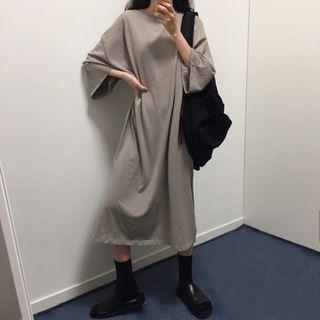 3/4-sleeve Slit Midi T-shirt Dress Gray - One Size