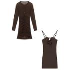 Set: Halter-neck Top + Long-sleeve Mesh Bodycon Dress Set Of 2 - Top & Dress - Coffee - One Size