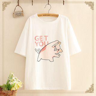 Elbow-sleeve Pig Print T-shirt As Shown In Figure - One Size