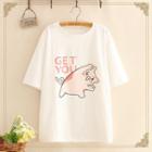 Elbow-sleeve Pig Print T-shirt As Shown In Figure - One Size