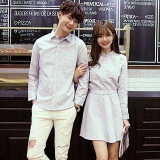 Couple Matching Pinstriped Long-sleeve Shirt / Shirtdress