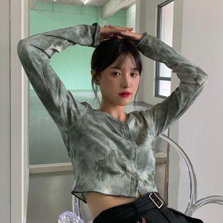 Long-sleeve Tie-dye Button T-shirt As Shown In Figure - One Size
