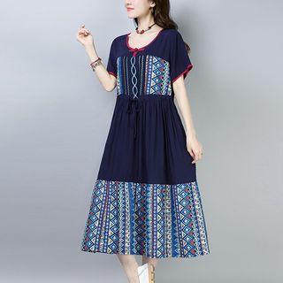 Drawstring Short-sleeve Midi A-line Dress