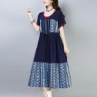 Drawstring Short-sleeve Midi A-line Dress