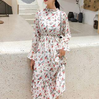 Long-sleeve Floral Print A-line Dress Floral - One Size