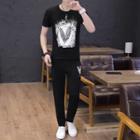 Set: Short-sleeve Feather Print T-shirt + Sweatpants